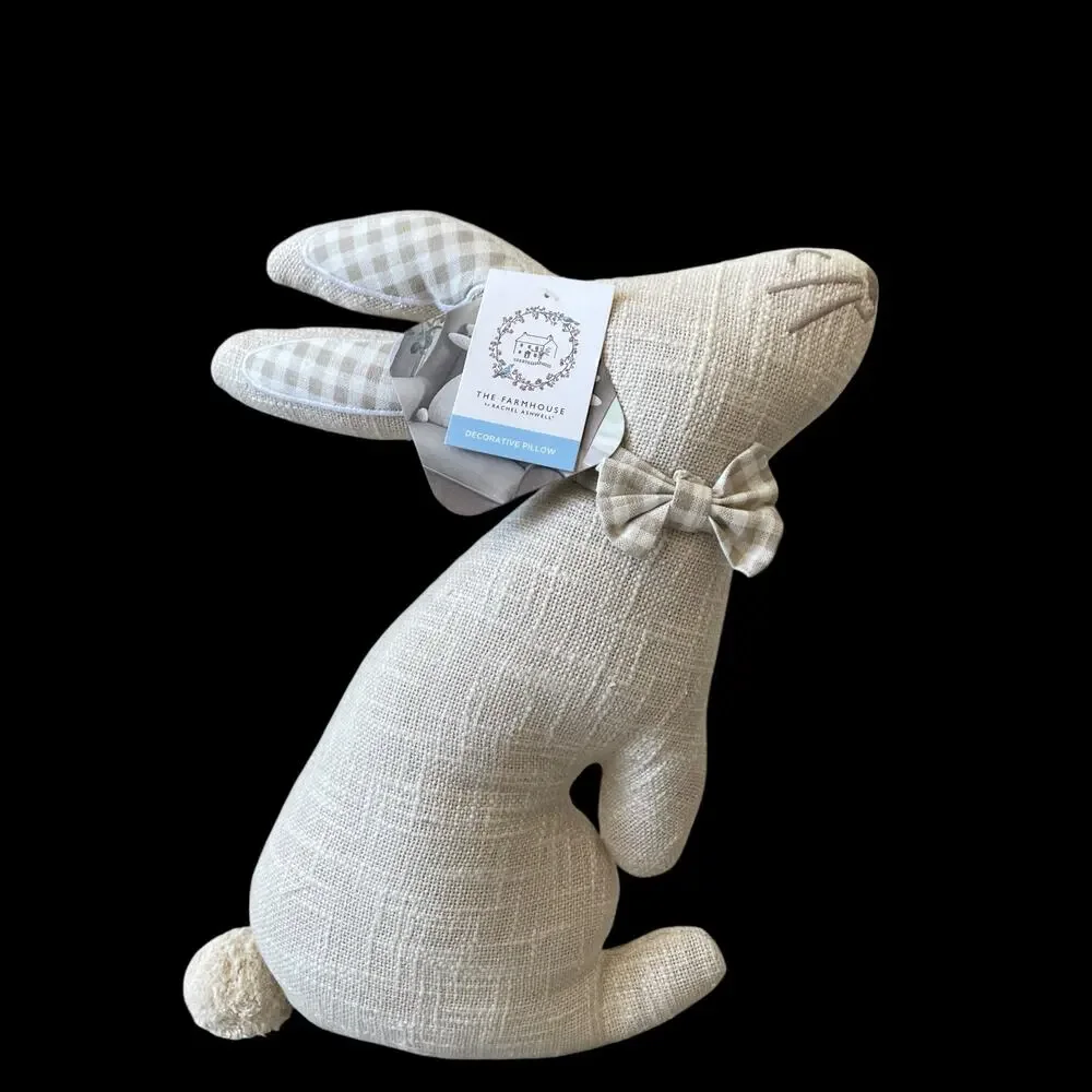 Rachel Ashwell Easter Bunny Rabbit Throw Pillow Beige & White Gingham NEW